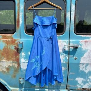 70s Frederick's of Hollywood blue faux wrap high low disco dress flutter bodice